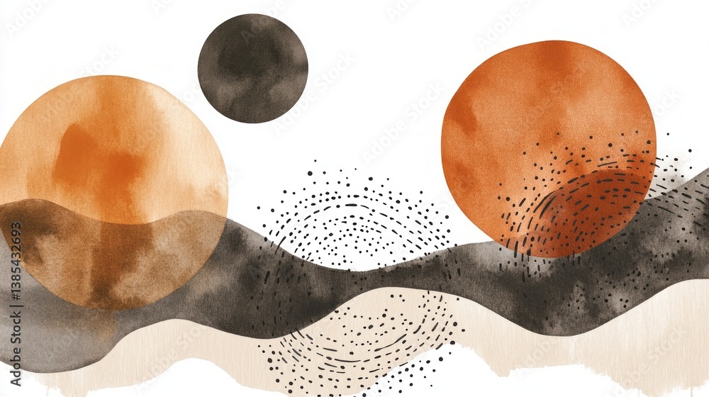 Aufkleber Swirling lines and soft forms intertwine in warm earth tones, creating a tranquil abstract atmosphere. The composition balances large circles with organic shapes, inviting contemplation