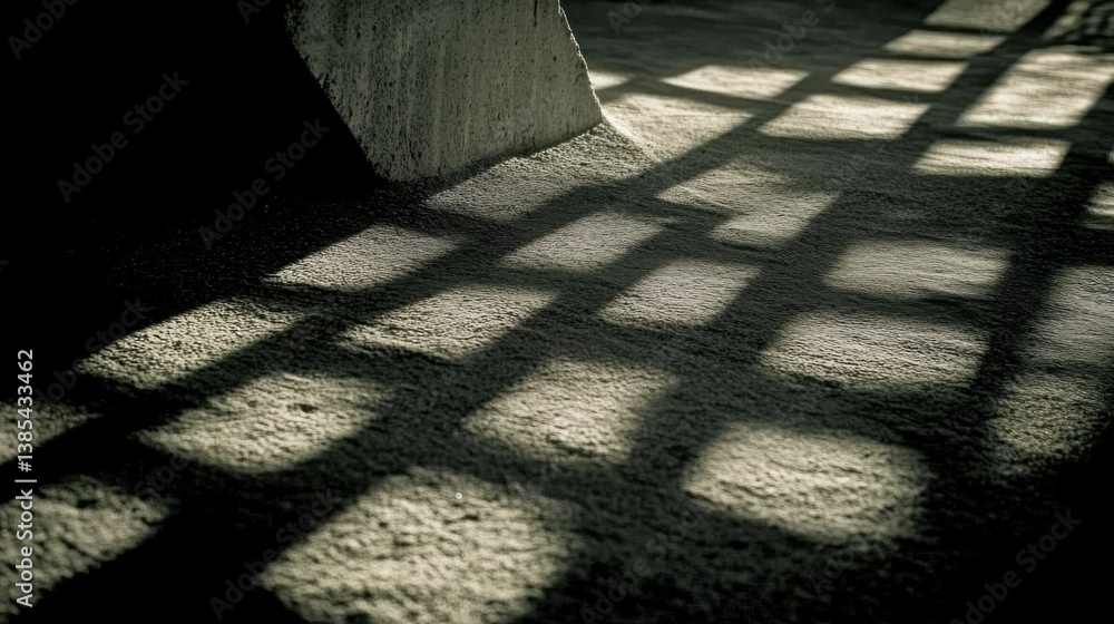 Poster a black-and-white photo of shadows cast by a tall object, creating intricate patterns on the ground.