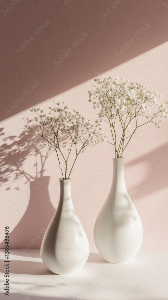 Poster two minimalistic white vases hold slender stems of delicate flowers, casting intricate shadows on a 