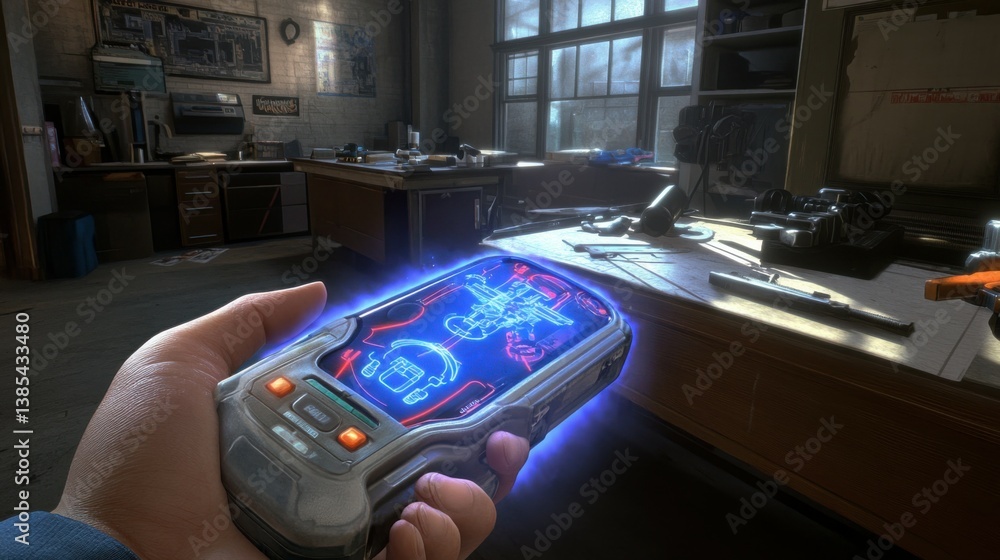 Poster a closeup of a handheld ar device showing vibrant holographic projections of mechanical components s
