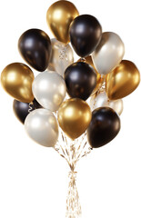 Balloon bouquet in black, gold, and white, isolated on a transparent background. A bunch of realistic balloons for birthday, anniversary, New Year, wedding, corporate, and holiday event designs.