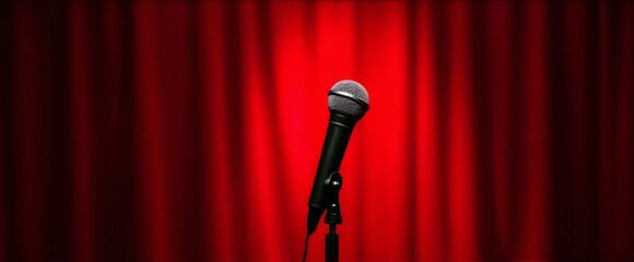 Obraz premium A single microphone stands centered on a stage, framed by vibrant red curtains. Focused lighting highlights the microphone, suggesting a performance setting.