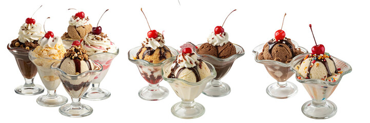 Set of A different ice cream sundaes in glass dishes isolated on a transparent background