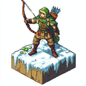 Fototapeta Pixel Art Archer Aiming Bow on Snowy Platform Retro Game Style
