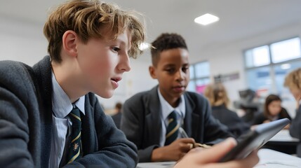 Two young students collaborate in a classroom, using a tablet for their schoolwork while other students are studying in the background.