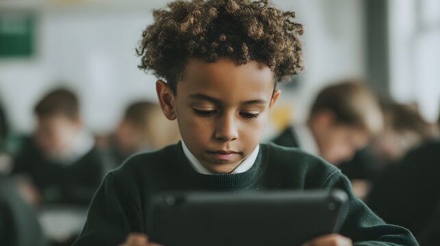 Focused student with curly hair uses a tablet in a classroom setting, surrounded by classmates. He is wearing a green sweater.
