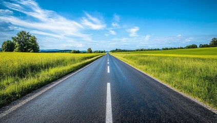 Fototapeta premium An endless asphalt country road stretching straight into the distance under a blue sky with clouds, bordered by green fields.