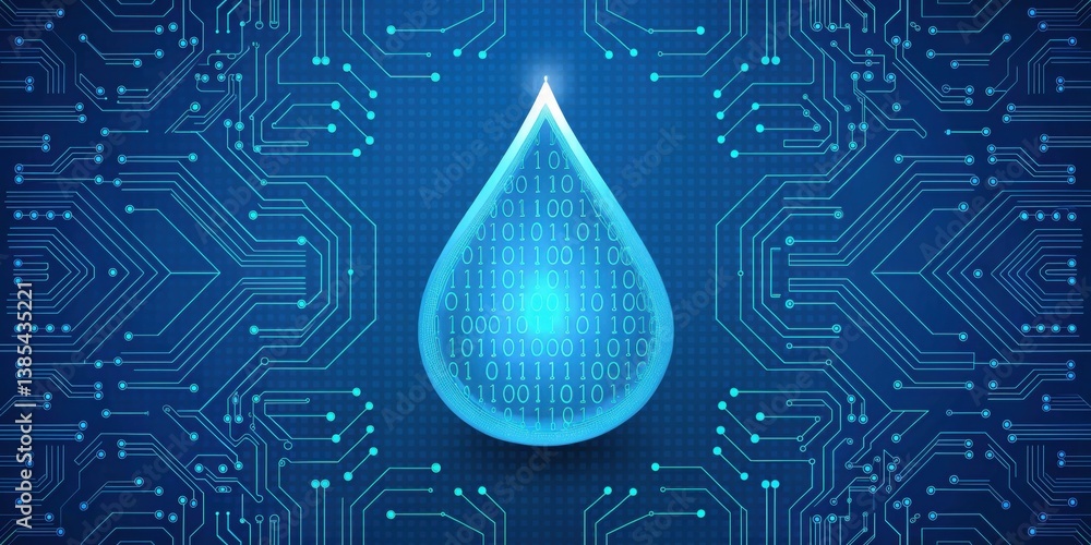 Poster digital water drop design integrated with circuit patterns and binary code on a blue background.