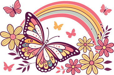 Colorful Rainbow Butterfly Illustration with Floral Bouquet and Whimsical Details