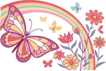 Colorful Rainbow Butterfly Illustration with Floral Bouquet and Whimsical Details
