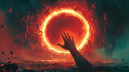 Intriguing surreal artwork showcasing a hand reaching towards a luminous otherworldly portal with razor-sharp edges, executed in a bold comic style filled with vivid fantastical mystery. © Pter