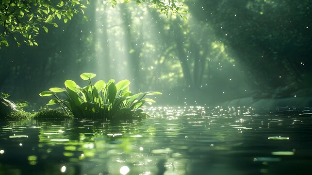 Vivid depiction of a vibrant Xanthosoma plant in a softly illuminated aquatic oasis adorned with dewy organic growth and ethereal natural light