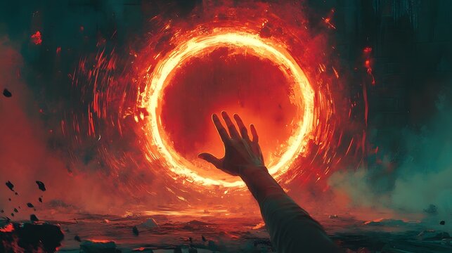 Intriguing surreal artwork showcasing a hand reaching towards a luminous otherworldly portal with razor-sharp edges, executed in a bold comic style filled with vivid fantastical mystery.