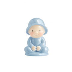 A cheerful ceramic figurine of a young boy wearing a blue hat and outfit, sitting with a friendly expression. Perfect for home decor and children's room themes.