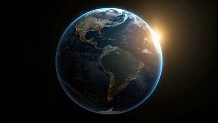 Obraz premium A stunning view of Earth illuminated by the sun, showcasing continents and vibrant colors against the darkness of space.