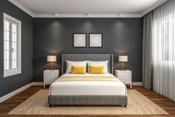 Modern bedroom design featuring a gray color scheme, cozy bedding, and stylish decor.