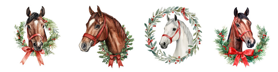 Festive Horse Portraits Watercolor Christmas Wreaths featuring Bay Chestnut and Gray Horses
