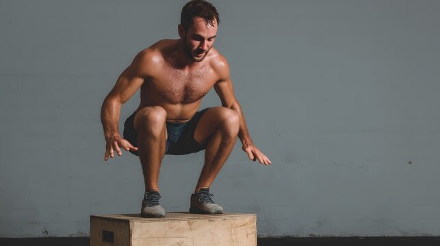 Shirtless male athlete performs box jumps in a minimalist gym setting, demonstrating strength and agility. Focus on fitness and determination.