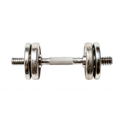 Fototapeta premium A close-up image of a silver dumbbell on a transparent background, showcasing its sleek design and shiny surface, ideal for fitness and gym-related content.