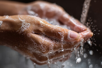 Fototapeta premium Hands are washed carefully with soap to cleanse them of viruses. The soap foam gently envelops your hands and the water flows, washing away all impurities