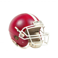 Fototapeta premium A close-up view of a red American football helmet on a white isolated background. Perfect for sports-related themes and promotional materials.