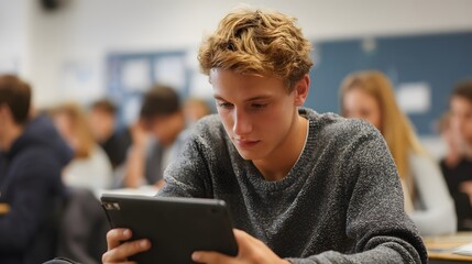Focused young man in sweater uses tablet in classroom setting with other students in background for education and learning in school.