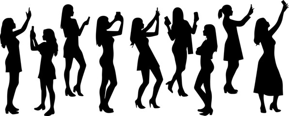 set collection of silhouettes of women taking selfies