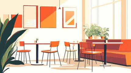 Modern cafe interior, bright daylight, plants, tables, and seating, stock photo