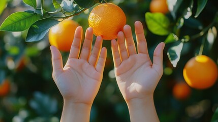 Child's hands reaching for oranges on a sunlit tree branch in a vibrant orchard