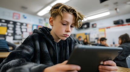 Young student engrossed in digital learning using a tablet in a classroom setting, focusing intently on the screen, surrounded by peers.