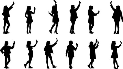 set collection of silhouettes of women taking selfies