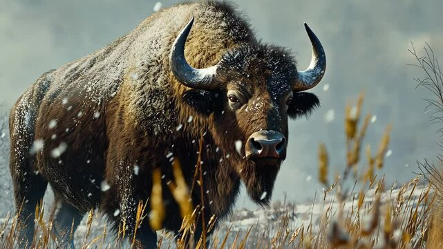 European Bison in Snowy Winter Landscape