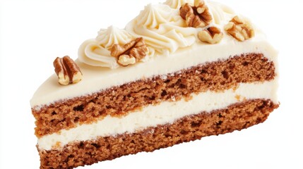 A slice of carrot cake with cream cheese frosting and walnuts. Featuring richness and indulgence