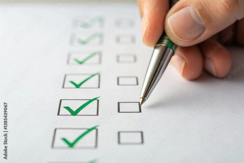 Poster a hand checks items on a checklist using a pen, emphasizing organization and task completion.