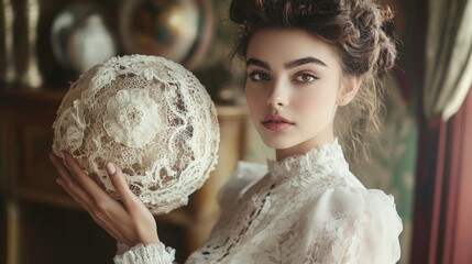 Naklejka premium Young caucasian female with vintage style holding lace globe ornament