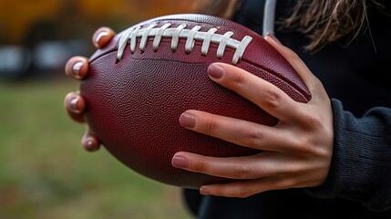 Female hands holding american football outdoors on grass