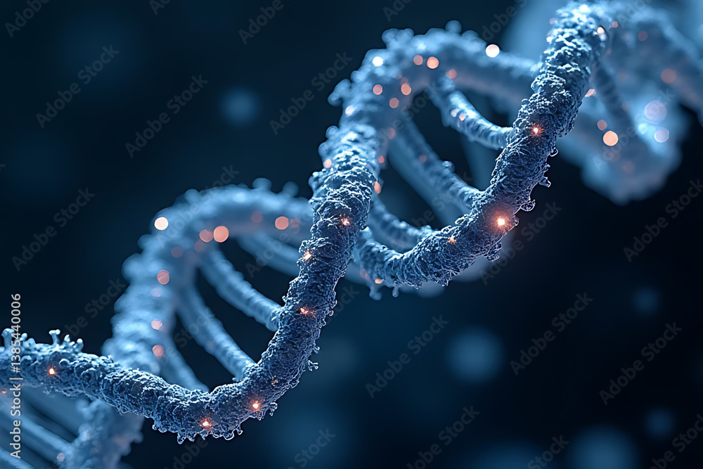 Poster exploring dna structure and function macro scientific visualization on dark background