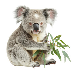 Naklejka premium A cute koala holding a eucalyptus branch, posing gracefully. Its fluffy ears and gentle expression highlight its charm. Ideal for nature lovers and wildlife enthusiasts.