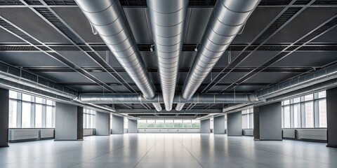Naklejka premium Spacious industrial interior with exposed metal ducts and large windows.