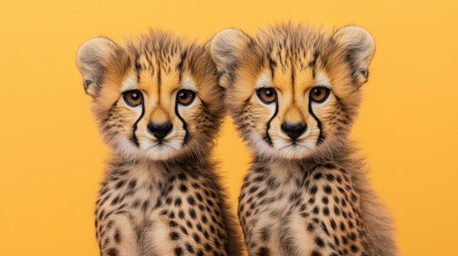 Lindo retrato de cuerpo entero de un beb&eacute; guepardo sobre un fondo naranja claro para la educaci&oacute;n sobre la vida silvestre y la protecci&oacute;n de los animales.