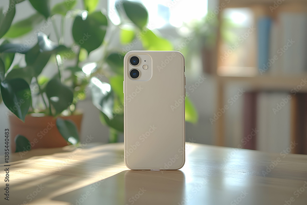 Poster stylish smartphone with a blank case for personalization displayed against greenery backdrop