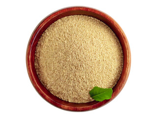 Overhead shot of amaranth grains in a rustic wooden bowl, garnished with a fresh green leaf.  Perfect for healthy eating, food blogs, and culinary websites.