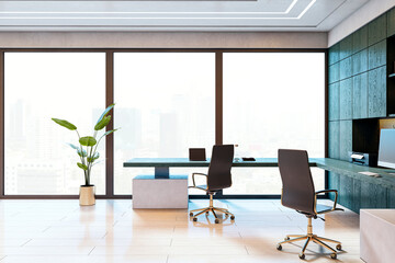 Modern office interior with minimalist furniture, large windows with city view, sleek wooden finishes, and natural lighting. 3D Rendering. 3D Rendering