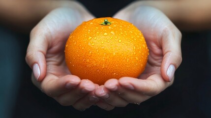 Fresh orange in caucasian female hands with water droplets against dark background