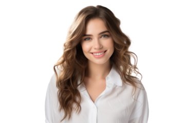 Young woman with long wavy hair wearing a casual white blouse smiling warmly at the camera her eyes bright