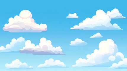 Cartoon cloudscape, fluffy clouds, bright blue sky, background image, animation, graphic design, digital art, illustration, nature, seamless
