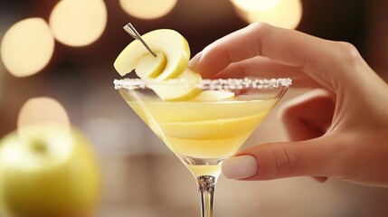 Elegant hand holding apple martini with sugar rim and twisted peel garnish