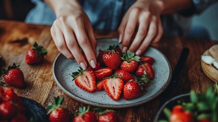 Hands arranging fresh strawberries on a rustic plate for a delicious snack