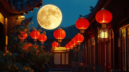 Red lanterns hanging in a traditional Chinese courtyard under a bright moon