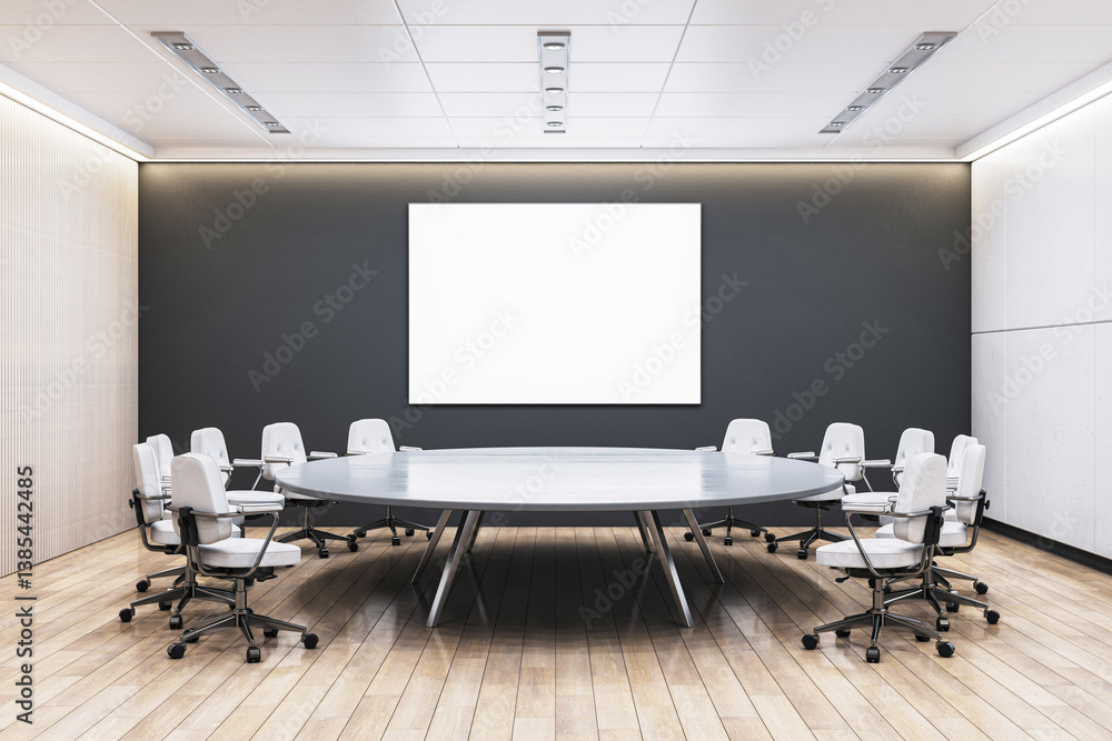 Poster modern corporate meeting room interior with large round table and blank poster frame on dark wall fo